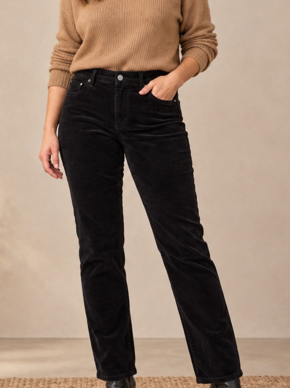 Well Worn Black High Rise Stretch Corduroy Straight Leg Pants 10/30